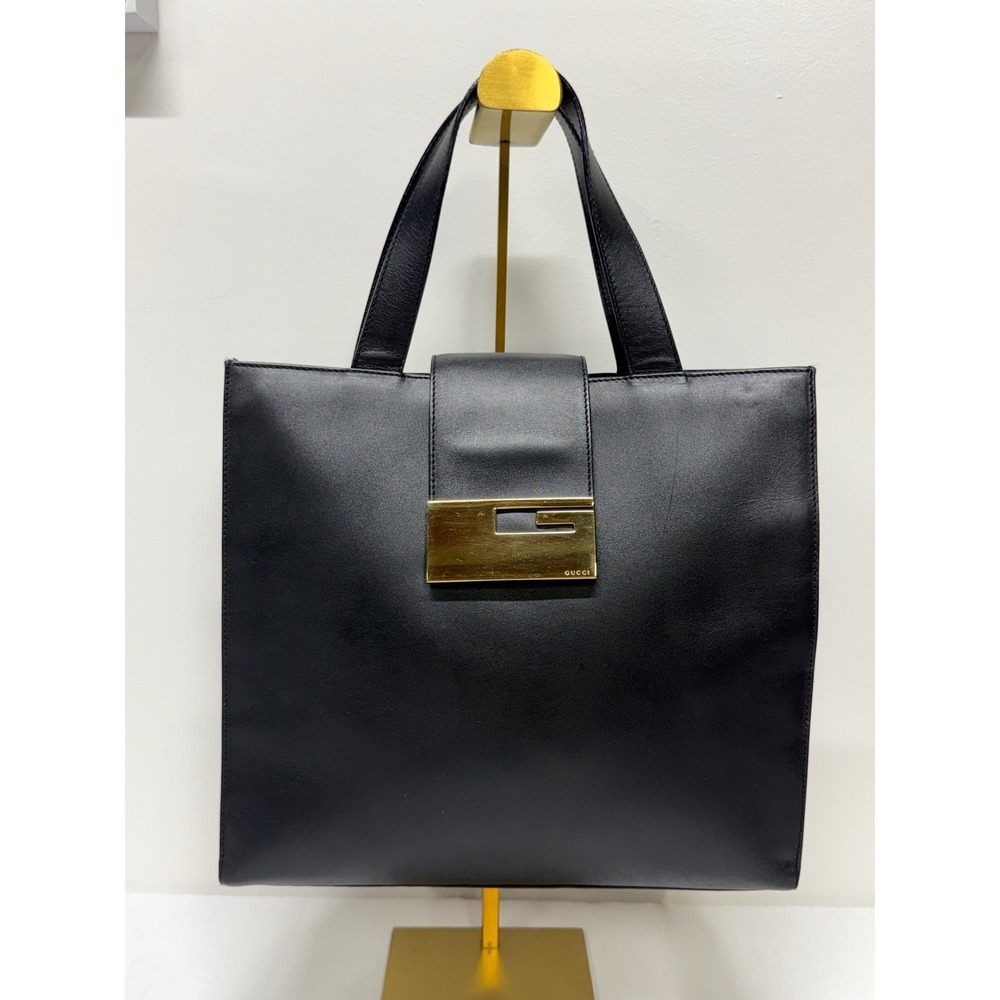 Gucci Vintage Black‎ Leather Tote Bag Gold G Logo Hardware Square Handbag